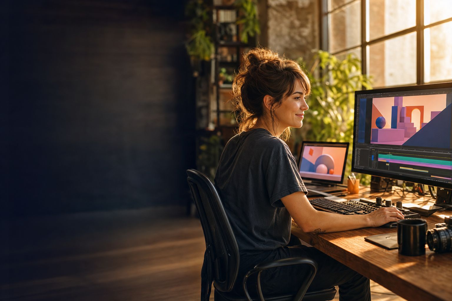 A filmmaker working at a sunlit desk with two monitors in warm afternoon light