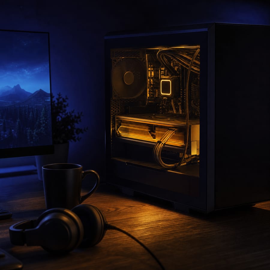 A home PC tower with its GPU glowing amber at night